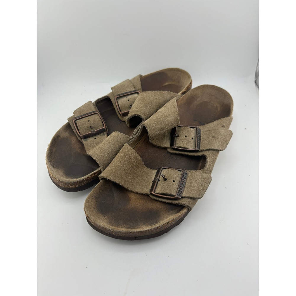 Birkenstock Arizona Suede Leather Sandals Taupe Brown Two Strap Slides W size 37